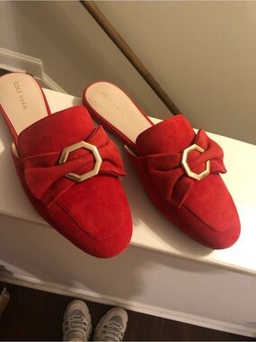 Cole Haan Red Suede Backless Mules with Gold Accent